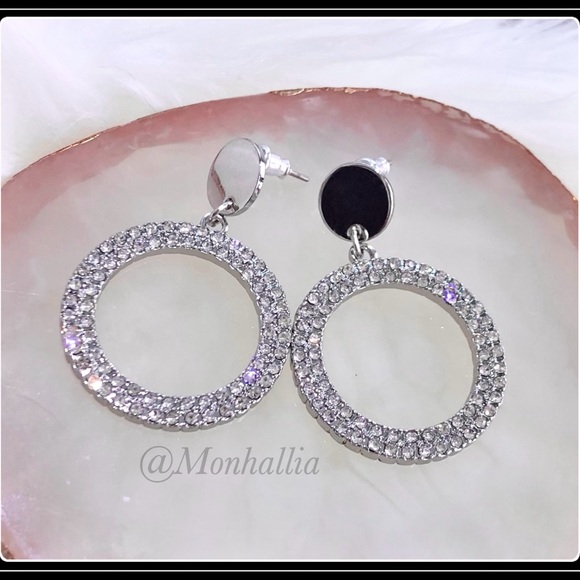 New Silver Steel Mod disco simulated diamond baguette circle hoop earrings - Picture 6 of 6